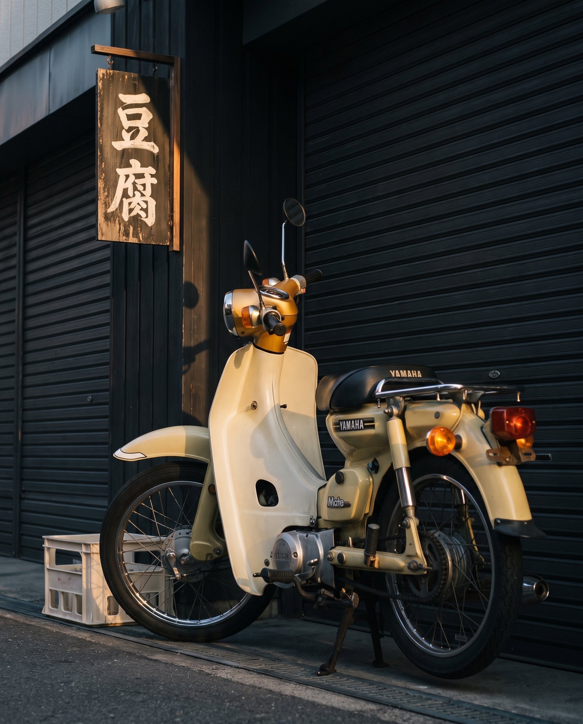 A cream scooter is parked beside a Japanese shop with a wooden sign.