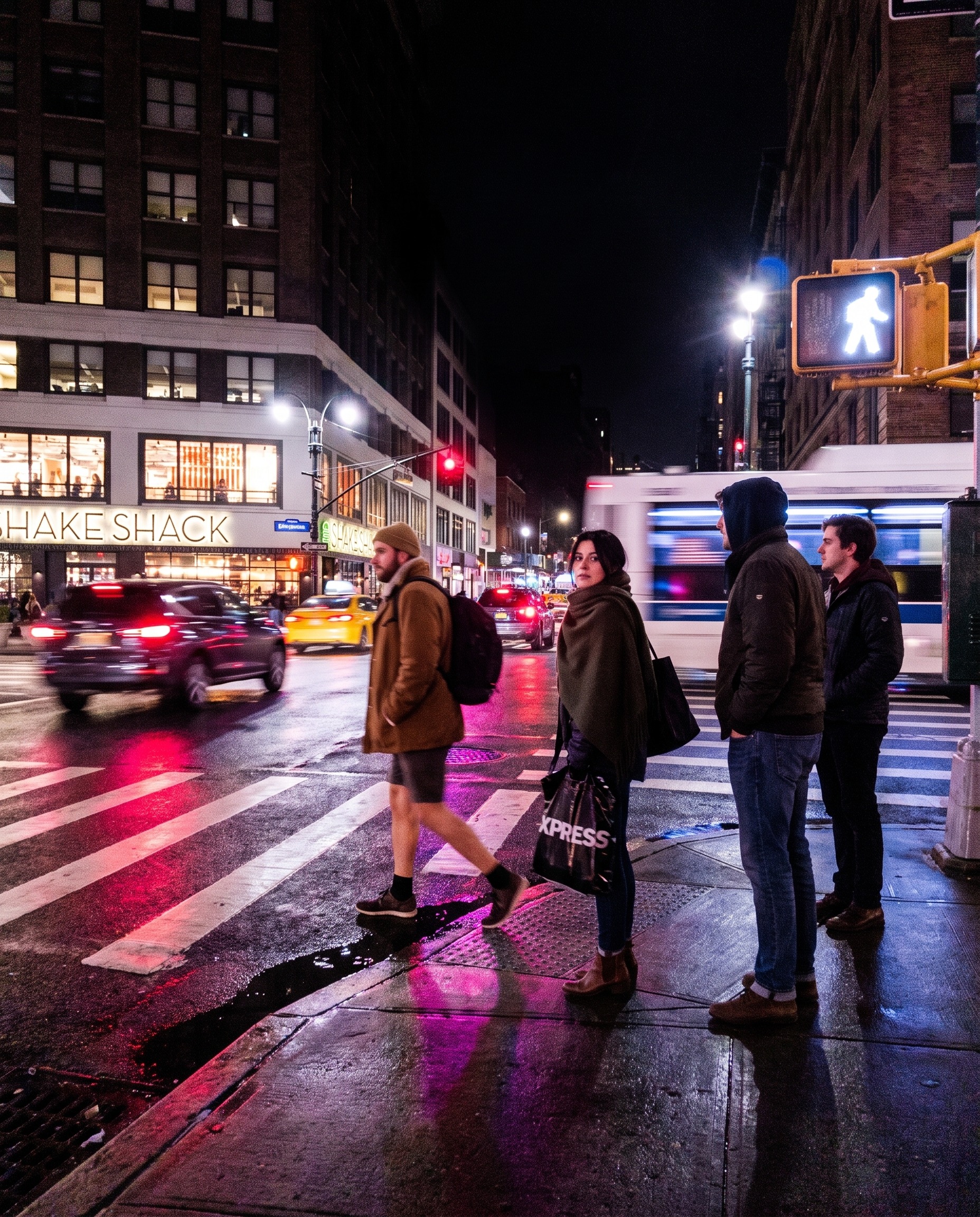 Pedestrians waiting at a wet city crossing under neon lights, made by Muse.